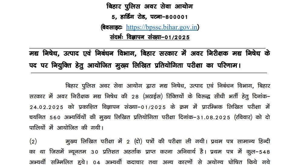 BPSSC Sub-Inspector Prohibition Result 2025